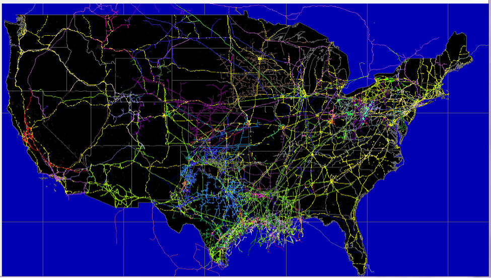 Map showing approximate locations of transmissions lines in the United States