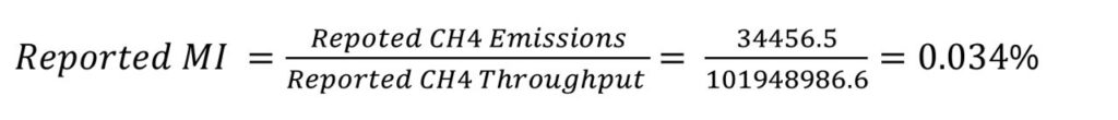 Reported MI= Repoted CH4 Emissions/ Reported CH4 Throughput = 34456.5/ 101948986.6 = 0.034%